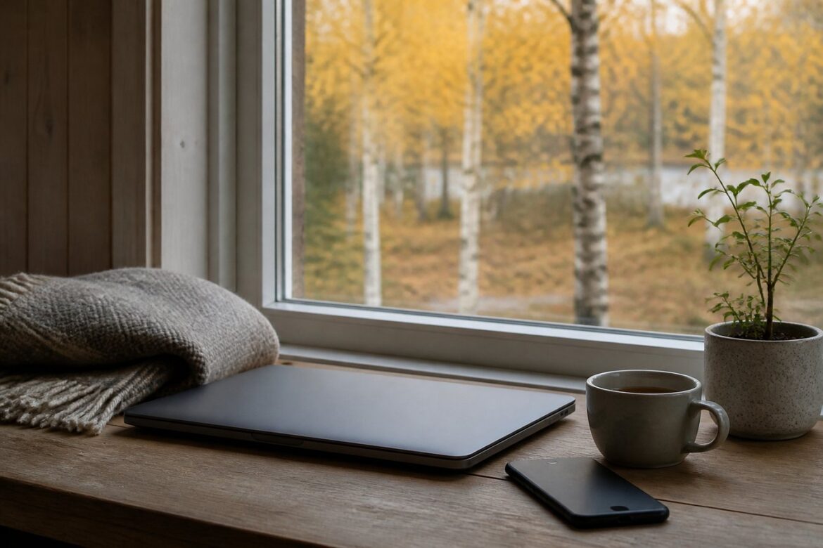 Skrivbord vid ett fönster med stängd laptop, mobiltelefon och en kopp te, björkar i höstfärger utanför