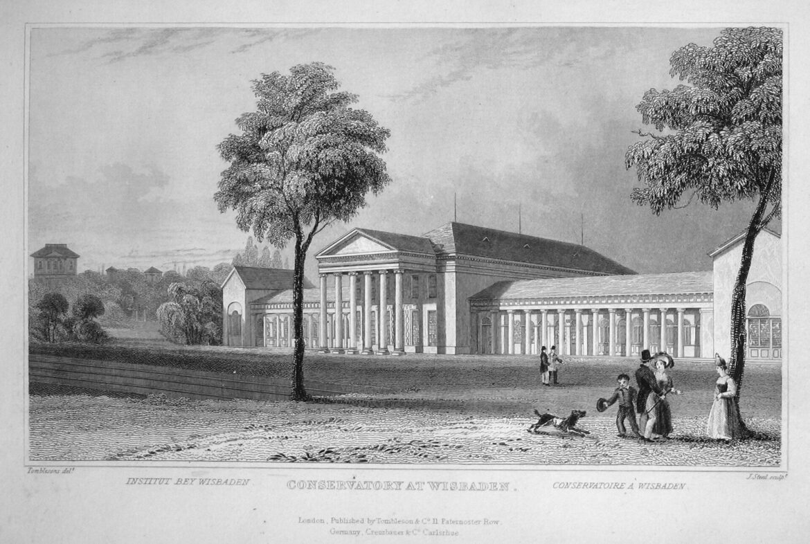 Kurhaus i Wiesbaden på ett stålstick från omkring 1840
